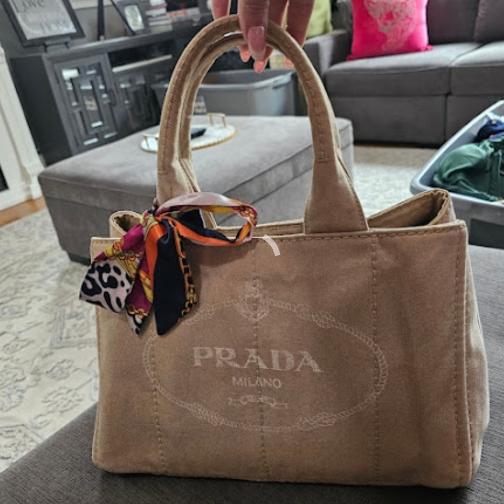 Prada Women's Beige Enameled Metal Triangle Canapa Tote Bag With Twilly - Picture 15 of 16